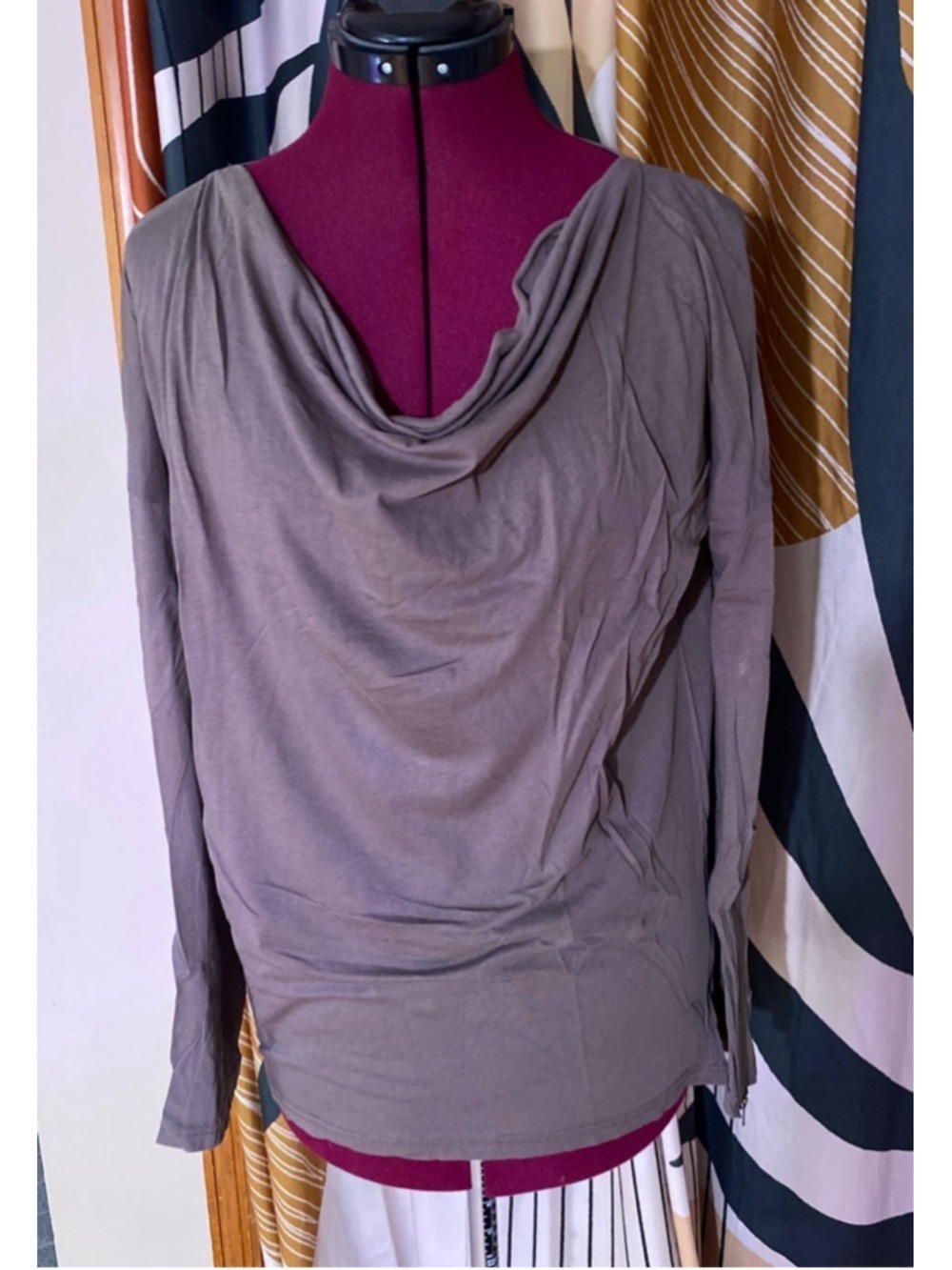 Women's Trouvé Brown Long Sleeve Cowl Neck Tee S with zipper detailing